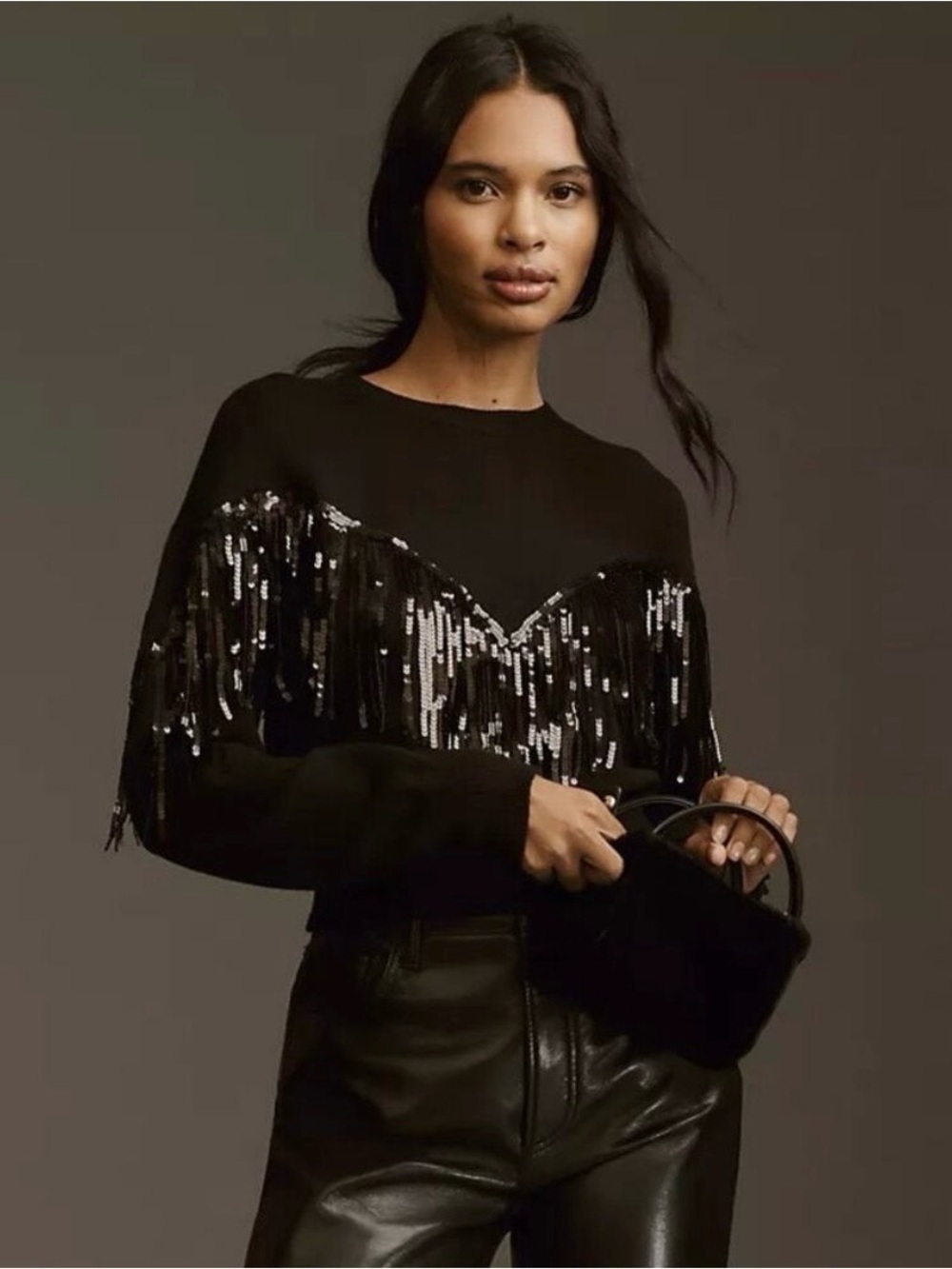 Anthropologie Black Sequin Fringe Sweater size XS. Like new.